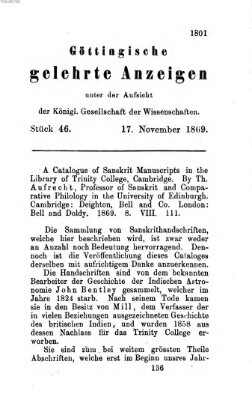 Göttingische gelehrte Anzeigen (Göttingische Zeitungen von gelehrten Sachen) Mittwoch 17. November 1869