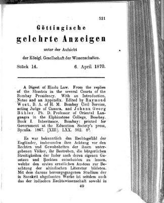 Göttingische gelehrte Anzeigen (Göttingische Zeitungen von gelehrten Sachen) Mittwoch 6. April 1870