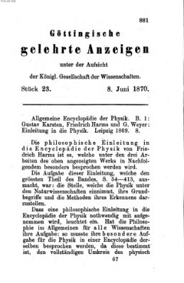 Göttingische gelehrte Anzeigen (Göttingische Zeitungen von gelehrten Sachen) Mittwoch 8. Juni 1870