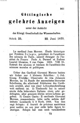 Göttingische gelehrte Anzeigen (Göttingische Zeitungen von gelehrten Sachen) Mittwoch 22. Juni 1870