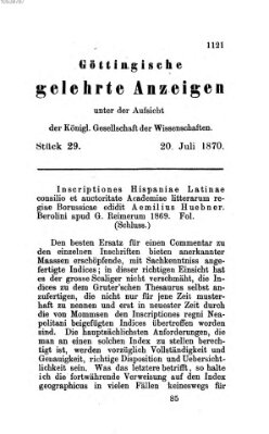 Göttingische gelehrte Anzeigen (Göttingische Zeitungen von gelehrten Sachen) Mittwoch 20. Juli 1870