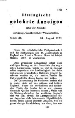 Göttingische gelehrte Anzeigen (Göttingische Zeitungen von gelehrten Sachen) Mittwoch 24. August 1870