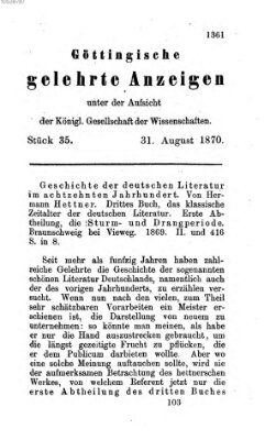 Göttingische gelehrte Anzeigen (Göttingische Zeitungen von gelehrten Sachen) Mittwoch 31. August 1870