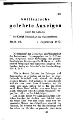 Göttingische gelehrte Anzeigen (Göttingische Zeitungen von gelehrten Sachen) Mittwoch 7. September 1870