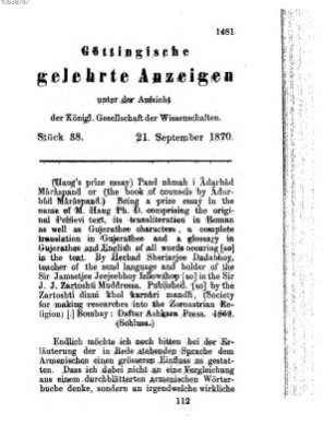 Göttingische gelehrte Anzeigen (Göttingische Zeitungen von gelehrten Sachen) Mittwoch 21. September 1870