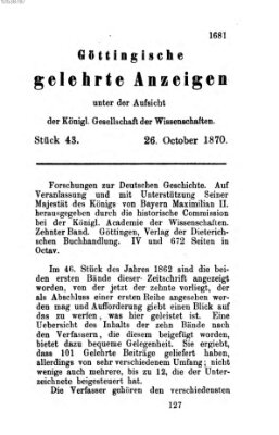 Göttingische gelehrte Anzeigen (Göttingische Zeitungen von gelehrten Sachen) Mittwoch 26. Oktober 1870