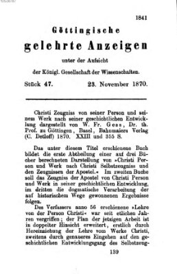 Göttingische gelehrte Anzeigen (Göttingische Zeitungen von gelehrten Sachen) Mittwoch 23. November 1870