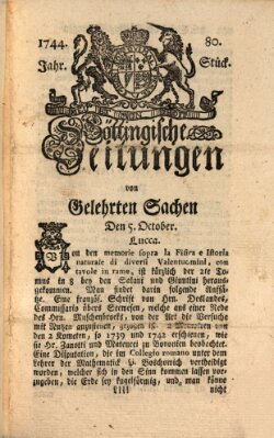 Göttingische Zeitungen von gelehrten Sachen Montag 5. Oktober 1744