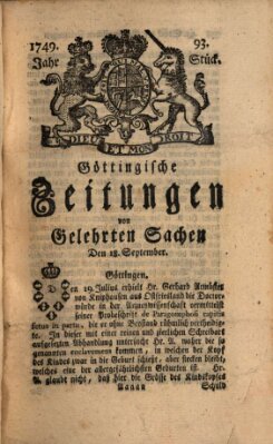 Göttingische Zeitungen von gelehrten Sachen Donnerstag 18. September 1749