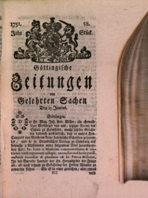 Göttingische Zeitungen von gelehrten Sachen Donnerstag 17. Juni 1751