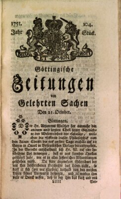 Göttingische Zeitungen von gelehrten Sachen Donnerstag 21. Oktober 1751