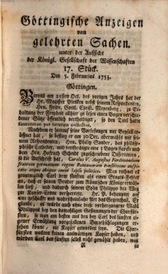 Göttingische Anzeigen von gelehrten Sachen (Göttingische Zeitungen von gelehrten Sachen) Montag 5. Februar 1753