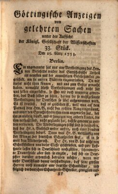 Göttingische Anzeigen von gelehrten Sachen (Göttingische Zeitungen von gelehrten Sachen) Donnerstag 15. März 1753