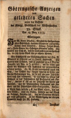 Göttingische Anzeigen von gelehrten Sachen (Göttingische Zeitungen von gelehrten Sachen) Donnerstag 29. März 1753