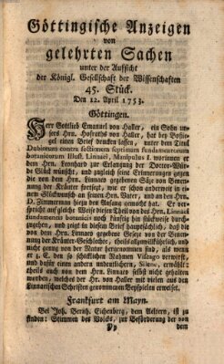 Göttingische Anzeigen von gelehrten Sachen (Göttingische Zeitungen von gelehrten Sachen) Donnerstag 12. April 1753