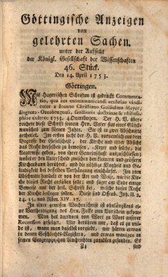 Göttingische Anzeigen von gelehrten Sachen (Göttingische Zeitungen von gelehrten Sachen) Samstag 14. April 1753