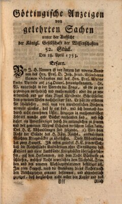 Göttingische Anzeigen von gelehrten Sachen (Göttingische Zeitungen von gelehrten Sachen) Samstag 28. April 1753