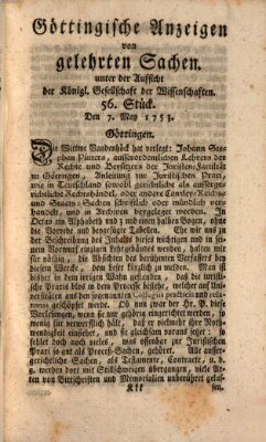 Göttingische Anzeigen von gelehrten Sachen (Göttingische Zeitungen von gelehrten Sachen) Montag 7. Mai 1753