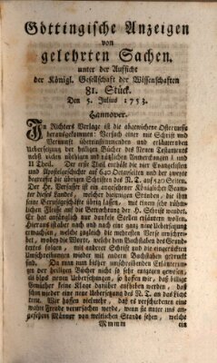 Göttingische Anzeigen von gelehrten Sachen (Göttingische Zeitungen von gelehrten Sachen) Donnerstag 5. Juli 1753