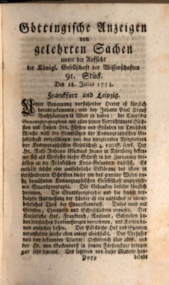 Göttingische Anzeigen von gelehrten Sachen (Göttingische Zeitungen von gelehrten Sachen) Samstag 28. Juli 1753