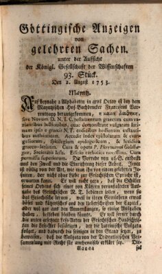 Göttingische Anzeigen von gelehrten Sachen (Göttingische Zeitungen von gelehrten Sachen) Donnerstag 2. August 1753