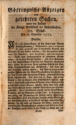 Göttingische Anzeigen von gelehrten Sachen (Göttingische Zeitungen von gelehrten Sachen) Samstag 22. September 1753