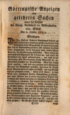 Göttingische Anzeigen von gelehrten Sachen (Göttingische Zeitungen von gelehrten Sachen) Samstag 6. Oktober 1753