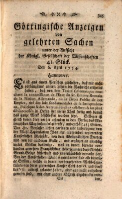 Göttingische Anzeigen von gelehrten Sachen (Göttingische Zeitungen von gelehrten Sachen) Samstag 6. April 1754