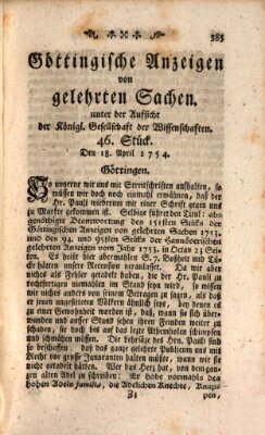 Göttingische Anzeigen von gelehrten Sachen (Göttingische Zeitungen von gelehrten Sachen) Donnerstag 18. April 1754