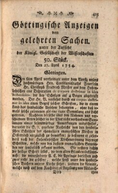 Göttingische Anzeigen von gelehrten Sachen (Göttingische Zeitungen von gelehrten Sachen) Samstag 27. April 1754