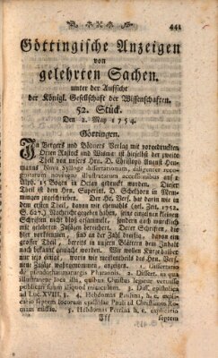 Göttingische Anzeigen von gelehrten Sachen (Göttingische Zeitungen von gelehrten Sachen) Donnerstag 2. Mai 1754