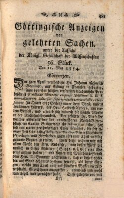 Göttingische Anzeigen von gelehrten Sachen (Göttingische Zeitungen von gelehrten Sachen) Samstag 11. Mai 1754