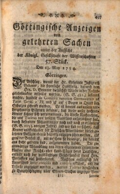 Göttingische Anzeigen von gelehrten Sachen (Göttingische Zeitungen von gelehrten Sachen) Montag 13. Mai 1754