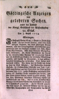 Göttingische Anzeigen von gelehrten Sachen (Göttingische Zeitungen von gelehrten Sachen) Samstag 3. August 1754