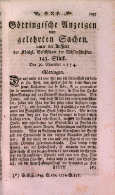 Göttingische Anzeigen von gelehrten Sachen (Göttingische Zeitungen von gelehrten Sachen) Samstag 30. November 1754