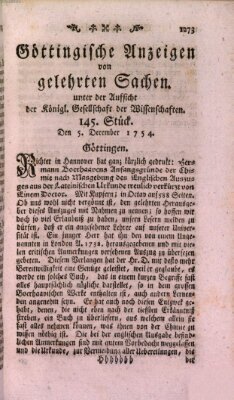 Göttingische Anzeigen von gelehrten Sachen (Göttingische Zeitungen von gelehrten Sachen) Donnerstag 5. Dezember 1754