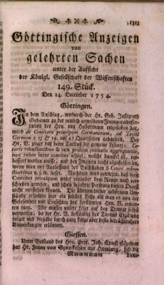 Göttingische Anzeigen von gelehrten Sachen (Göttingische Zeitungen von gelehrten Sachen) Samstag 14. Dezember 1754