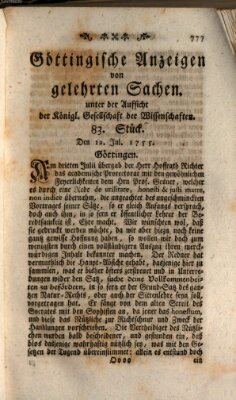 Göttingische Anzeigen von gelehrten Sachen (Göttingische Zeitungen von gelehrten Sachen) Samstag 12. Juli 1755