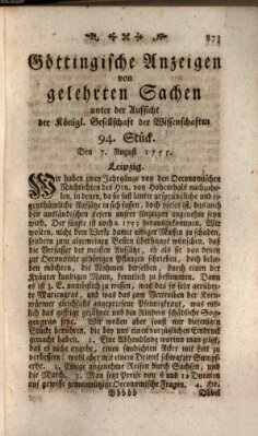 Göttingische Anzeigen von gelehrten Sachen (Göttingische Zeitungen von gelehrten Sachen) Donnerstag 7. August 1755