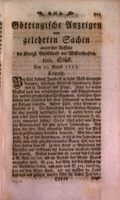 Göttingische Anzeigen von gelehrten Sachen (Göttingische Zeitungen von gelehrten Sachen) Donnerstag 21. August 1755