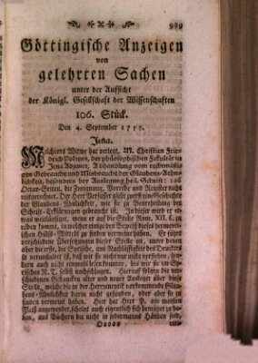 Göttingische Anzeigen von gelehrten Sachen (Göttingische Zeitungen von gelehrten Sachen) Donnerstag 4. September 1755