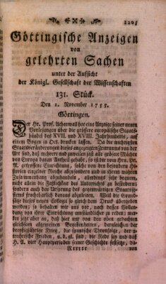 Göttingische Anzeigen von gelehrten Sachen (Göttingische Zeitungen von gelehrten Sachen) Samstag 1. November 1755