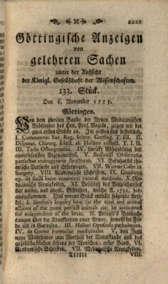 Göttingische Anzeigen von gelehrten Sachen (Göttingische Zeitungen von gelehrten Sachen) Donnerstag 6. November 1755