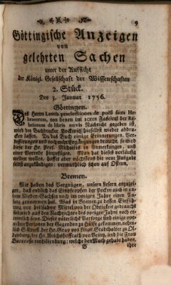 Göttingische Anzeigen von gelehrten Sachen (Göttingische Zeitungen von gelehrten Sachen) Samstag 3. Januar 1756