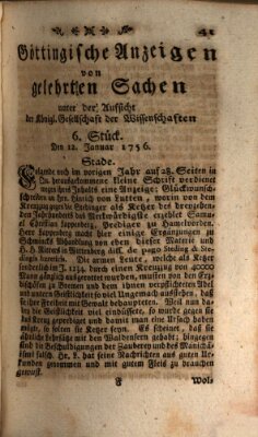 Göttingische Anzeigen von gelehrten Sachen (Göttingische Zeitungen von gelehrten Sachen) Montag 12. Januar 1756