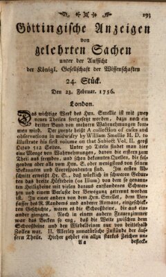 Göttingische Anzeigen von gelehrten Sachen (Göttingische Zeitungen von gelehrten Sachen) Montag 23. Februar 1756