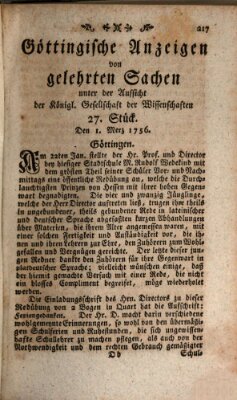 Göttingische Anzeigen von gelehrten Sachen (Göttingische Zeitungen von gelehrten Sachen) Montag 1. März 1756