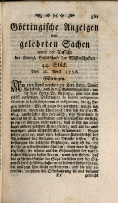 Göttingische Anzeigen von gelehrten Sachen (Göttingische Zeitungen von gelehrten Sachen) Samstag 10. April 1756