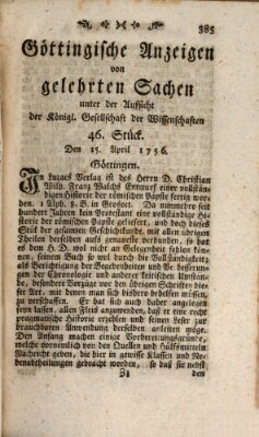 Göttingische Anzeigen von gelehrten Sachen (Göttingische Zeitungen von gelehrten Sachen) Donnerstag 15. April 1756