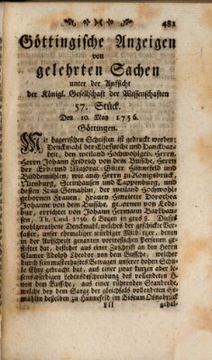 Göttingische Anzeigen von gelehrten Sachen (Göttingische Zeitungen von gelehrten Sachen) Montag 10. Mai 1756